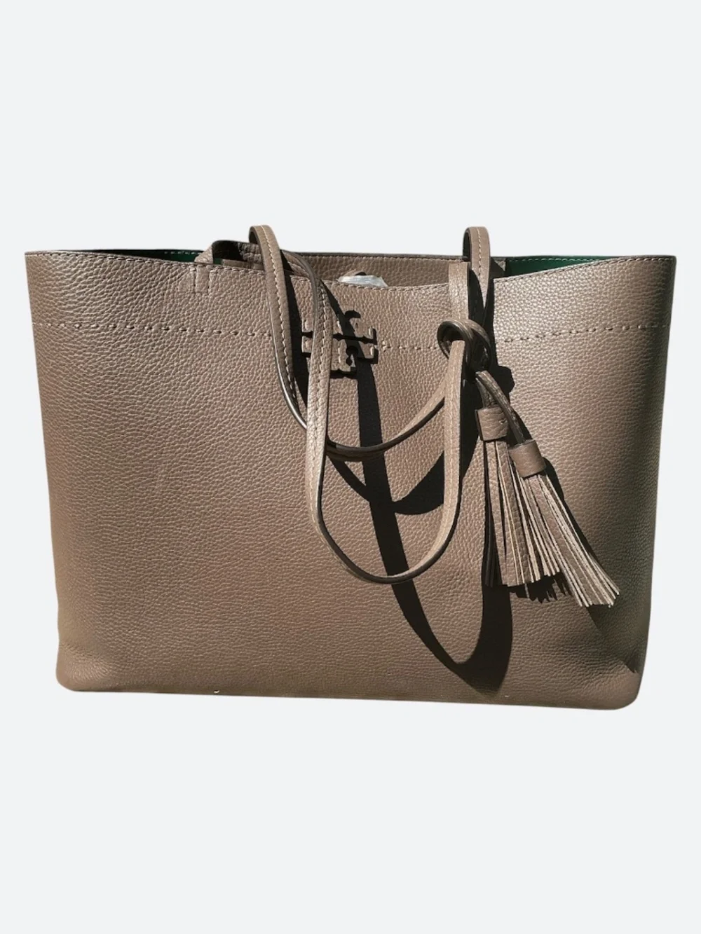 Tory Burch McGraw Tote Mushroom Taupe Leather Removable Tassel Leather Logo